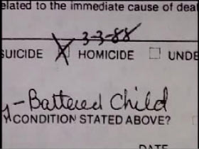 Cause of death certificate with an x on homicide 