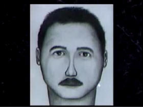 Police Sketch of a Caucasian man with dark hair light eyes and a mustache