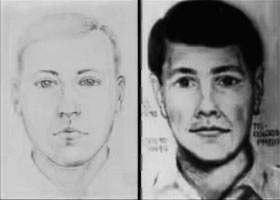 Two police sketches of a caucasian man with dark hair and dark eyes