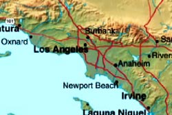 A map of southern california with points on Los Angeles, Irvine, Newport Beach, Anaheim, Oxnard, and Burbank